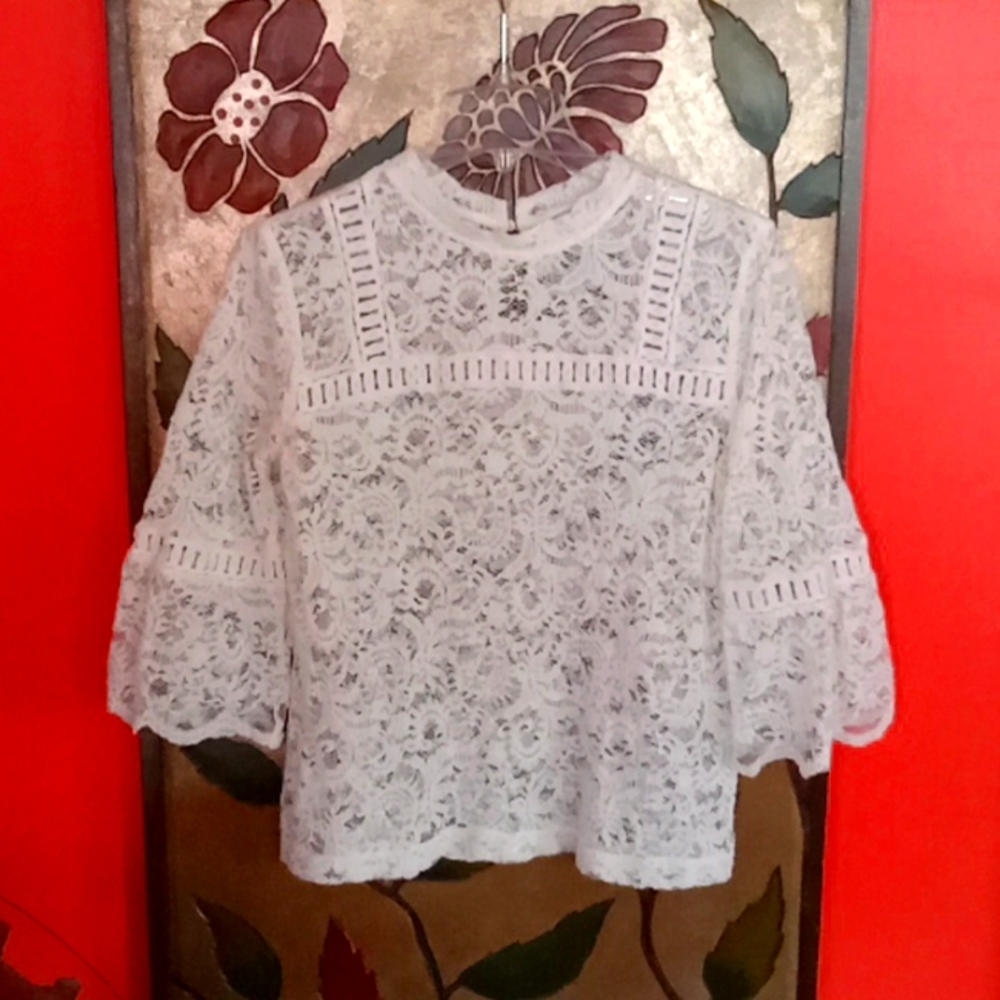 Ann Taylor Loft Ivory Lace 3/4 Flared Sleeve Top, Size S